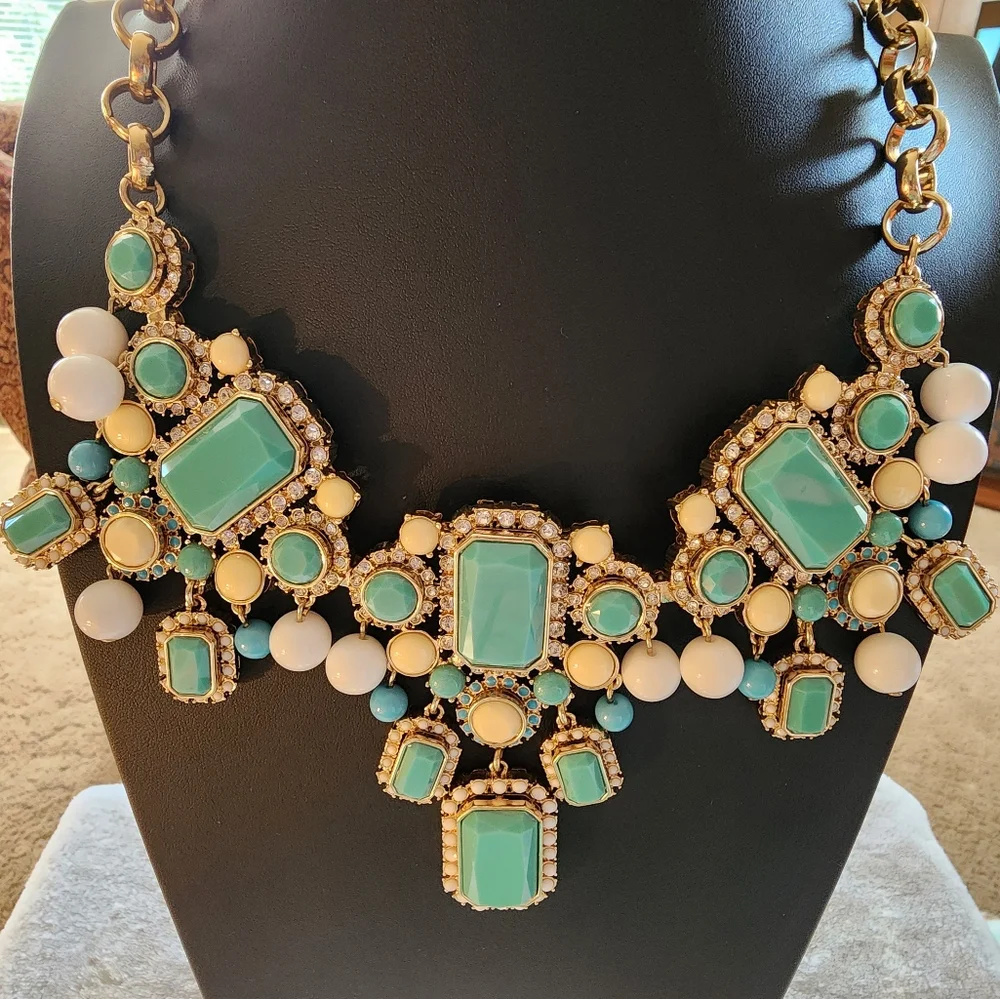 BANANA REPUBLIC Gold-Tone Statement Necklace with Aqua, White, and Ivory Accents - Picture 3 of 7